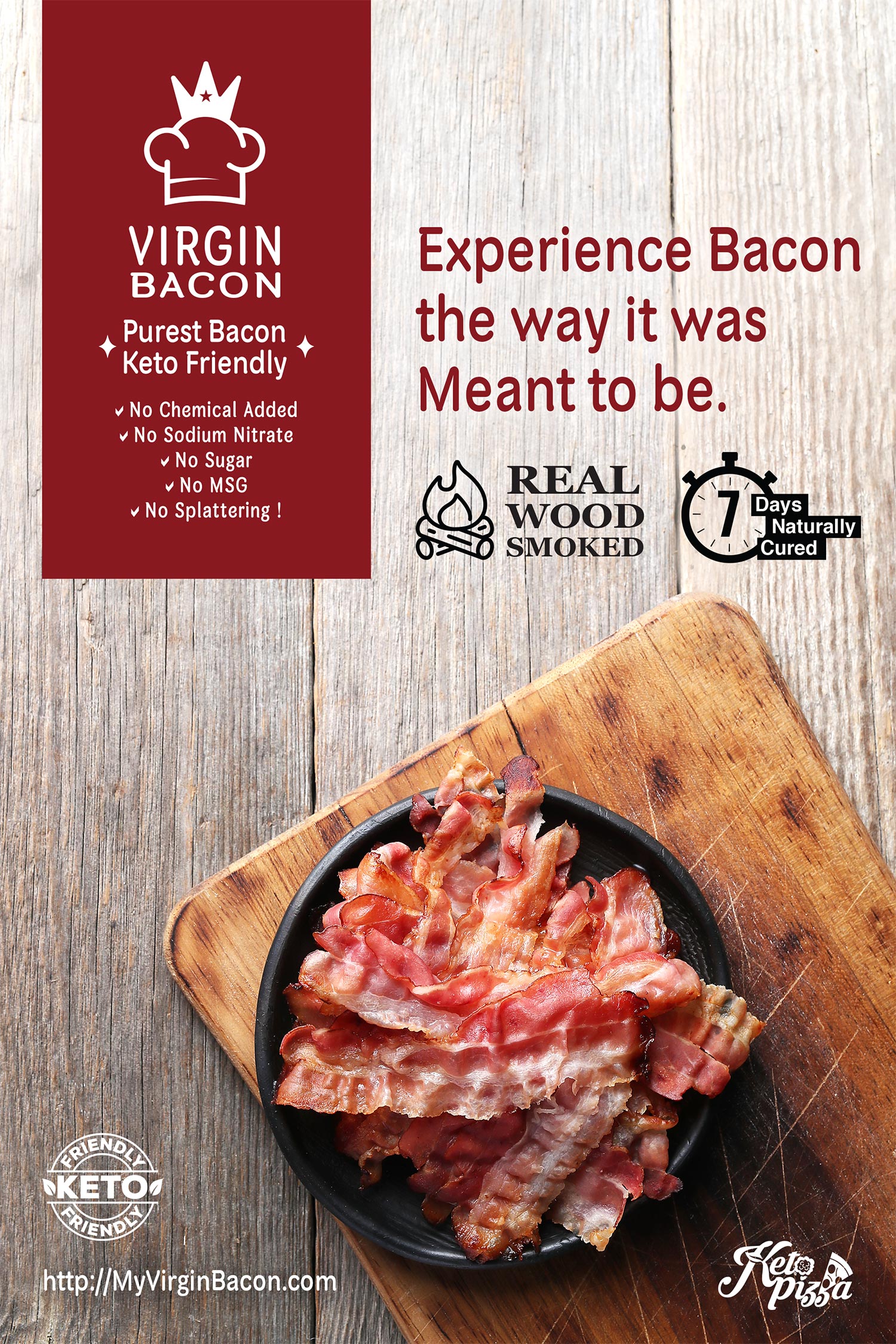 Virgin Bacon, Purest Bacon, Keto Friendly, No Chemical Added, No Sodium Nitrate, No Suger, No MSG, No Splattering เบคอนคลีน เบคอนธรรมชาติ เบคอนไร้สาร เบคอนคีโต เบคอนรมควันไม้แท้